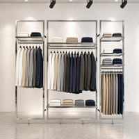 Étagère de présentation de vêtements ouverte à 3 compartiments en acier inoxydable avec barre de suspension, vente en gros