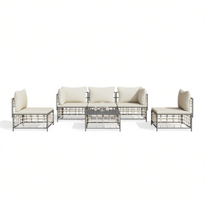 Ensemble de salon de jardin anthracite beige 6 places, structure métallique, rotin, mobilier d'extérieur, design contemporain - Product Image 1