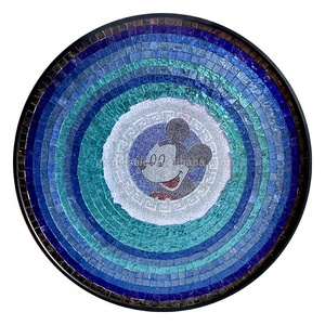 Mosaïque murale artistique en verre cristal bleu, puzzle personnalisable, dessins animés faits à la main, peintures décoratives, cadre métallique rond, mosaïque murale - Product Image 1