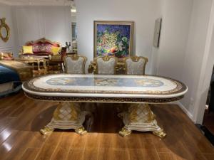 Mobili per Sala da Pranzo in Stile Villa di Lusso, <span class=keywords><strong>Tavolo</strong></span> in Legno Massello Intagliato a Mano con <span class=keywords><strong>Foglia</strong></span> d'<span class=keywords><strong>Oro</strong></span> - Product Image 2