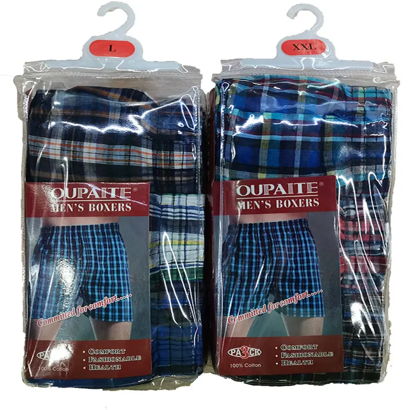 Wholesale 3 in 1 Pack Loose Button Mens Boxer Shorts Underwear OEM Cheap Plaid Checks Polyester Woven Boxer Shorts for Men