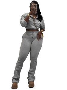 ชุดวอร์มผู้หญิงแบบมีซิปครึ่งตัว เสื้อแจ็คเก็ตและกางเกงขายาวผ้าฟลีซหนานุ่ม ชุดลำลองสองชิ้นสำหรับฤดูหนาว - Product Image 3