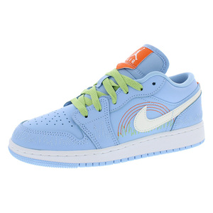 Nike Air Jordan 1ต่ำ SE GS รองเท้ากีฬาเด็กผู้หญิงรองเท้าผ้าใบสีฟ้า/สีเขียวสดใส/ความปลอดภัยสีส้มขนาด4กับ PU - Product Image 1