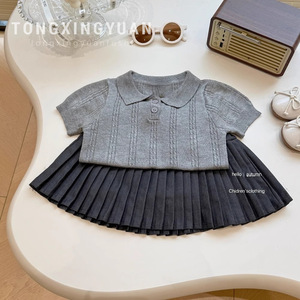 Girls Knitted Short Sleeve Polo Shirt And Pleated Skirt Set Gray Cotton Summer Outfit For Children - Product Image 5