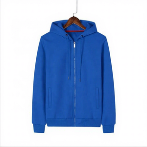 Men's Hooded Zip-Up Sweatshirt Solid Color Casual Knitted Regular Fit Winter Blue Long Sleeve Pocket Design Embroidered French - Product Image 1