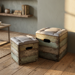 INNOVA HOME Custom Rustic Antique Accent Square Stackable Wooden <b>Storage</b> Stool Ottoman Removable Cover Fabric <b>Seat</b> Multi-Use - Product Image 3