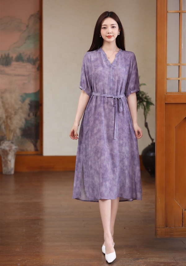 Elegant Light Purple Solid 100% Mulberry Silk Breathable Short Sleeve  V-neck Dress Women Loose Casual Korean-style Midi Length| Alibaba.com