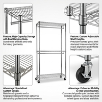 Porte-vêtements en fil métallique à 2 niveaux avec 4 étagères réglables, en acier chromé, sur roulettes, pour magasin de vêtements