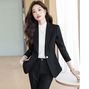 Gray Women's Two-Piece Suit Set Slim Fit Flared Trousers Formal Spring Anti-Wrinkle Polyester Worsted Full Sleeve - Product Image 2