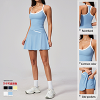 Set Rok Wanita Terbaru Warna Kontras Bentuk V dengan Bantalan Dada, Kantong Samping, Bahan Nude Feel untuk Padel, Golf, dan Tenis