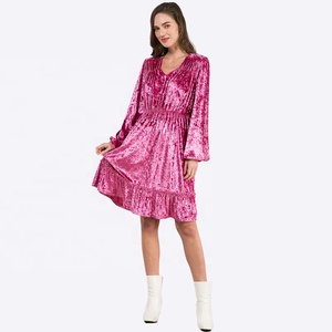 Abiti personalizzati all'ingrosso da donna girocollo manica lunga con scollo a V in <span class=keywords><strong>velluto</strong></span> di media lunghezza abiti Casual da donna - Product Image 1