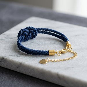 Bracelets en corde de soie bleu marine classiques vintage bohèmes avec nœud plaqué or et breloque cœur, style enveloppant unisexe - Product Image 1