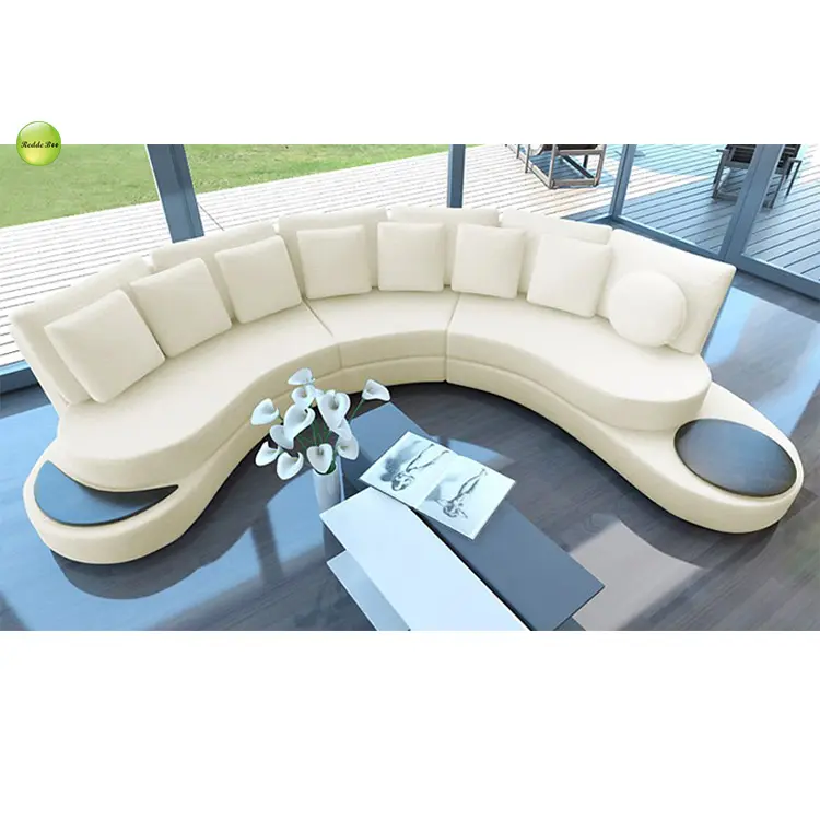 Half circle leather and metal sofa with two glass on the side and round ottoman