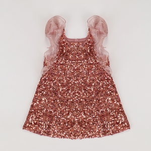 Younger Girls' Rose Gold Sequin party Dress with Organza Ruffled Sleeves - Product Image 3