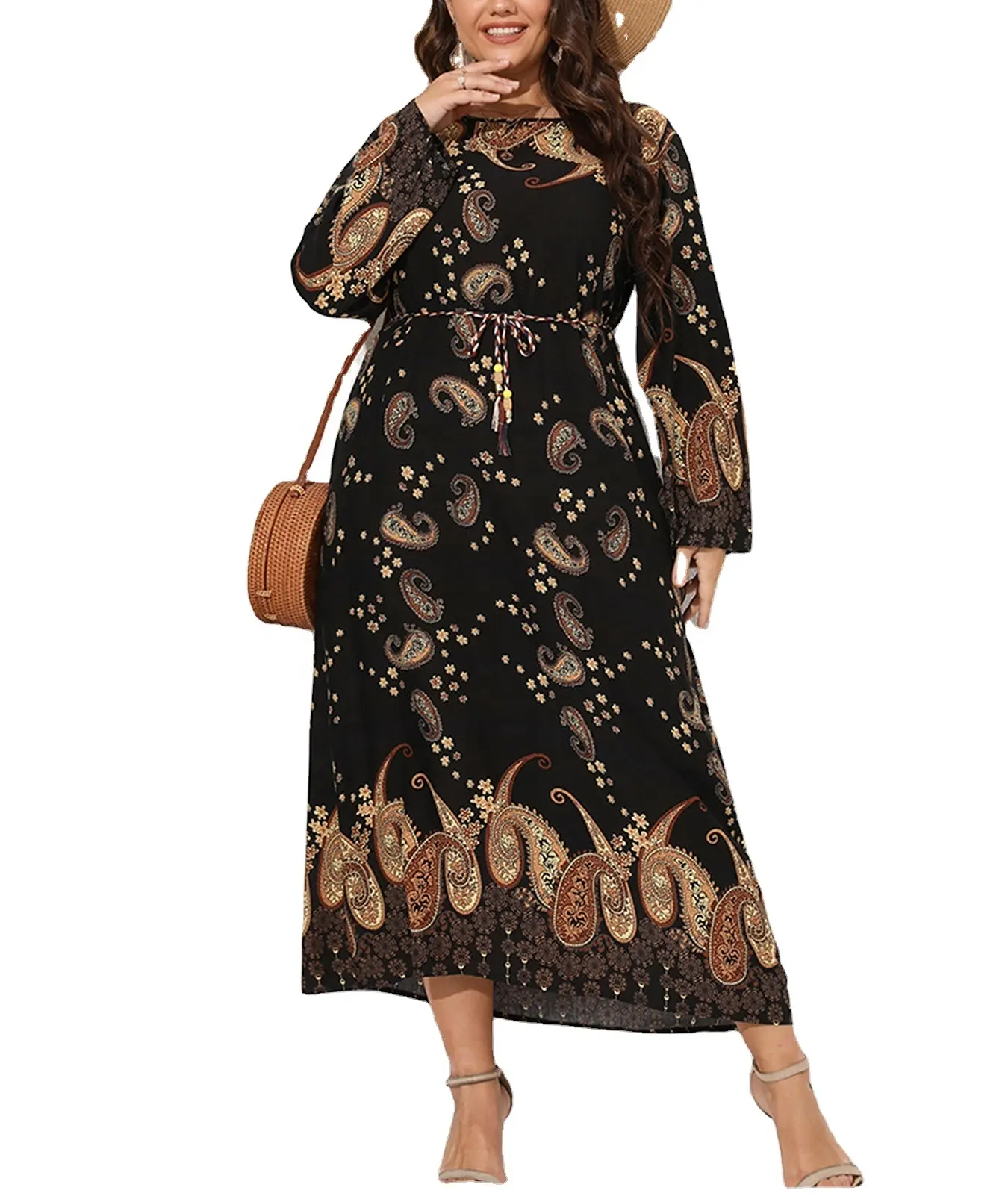 Женское платье миди с принтом пейсли и длинным рукавом