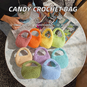 Sac seau tissé en polyester au crochet fait main, style INS pastoral estival, couleur unie, tendance, couleur bonbon, broderie et pompon, pour femme - Product Image 2