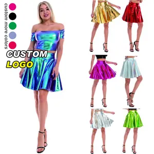Flared Skater Mini Skirts Custom Stretchy Soft Pu Silver Shiny Metallic High Waist Nightclub Stage Leather Skirt Women