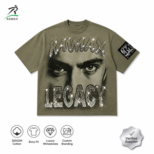 Camiseta de algodón grueso de corte holgado RAMAX para hombre, con gráfico de diamantes de imitación, estilo oversize, ropa urbana, proveedor mayorista de fábrica - Product Image 1