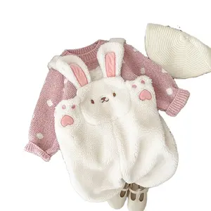 귀여운 작은 토끼 아기 겨울 따뜻한 스트랩 바지 세트 아기 소녀 유행 만화 니트 스웨터 유아 의류 세트