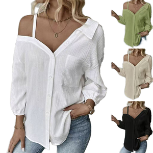 Women Blouses Wholesale Three-Quarter Sleeve Embroidery Casual <b>Off</b>-the-Shoulder Lapel Texture Breathable Eco-Friendly - Product Image 1