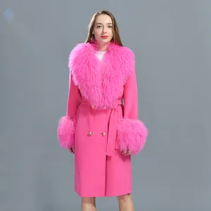 Toptan özel el yapımı dikiş kadın yün karışımı mont kemer tasarımı dış giyim uzun kaşmir palto gerçek moğol kuzu kürk