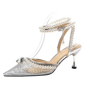 Supporto personalizza discoteca strass fiocco moda catena di perle elegante diamante a punta di cristallo <span class=keywords><strong>argento</strong></span> lace up sexy <span class=keywords><strong>tacchi</strong></span> unici - Product Image 5