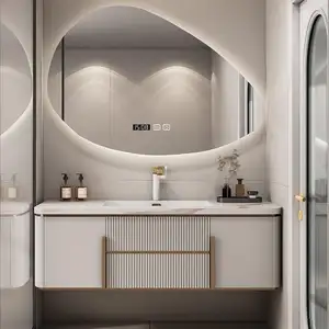 CBMmart豪华现代胶合板橱柜陶瓷台面单水槽浴室梳妆台，带镜子和发光二极管灯