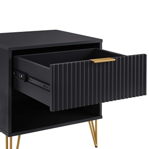 Black Nightstand With Ribbed <b>Drawer</b> And Gold Legs Modern Bedroom Storage Unit - Product Image 5