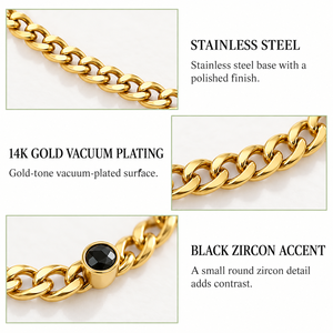 Gold Curb Chain Necklace Stainless Steel 14K Gold Vacuum Plated <b>Black</b> Zircon Accent 40+5cm - Product Image 4