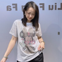 LFF-1667 / T-shirt en coton à manches courtes pour femme, imprimé léopard et floral, orné de strass, coupe classique, idéal pour l'été