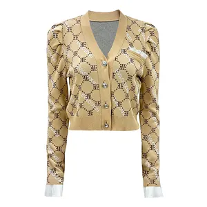Fournisseur de cardigans pulls à impression personnalisée col en v boutonné en jersey tricoté Crop Tops pull en tricot pour femmes