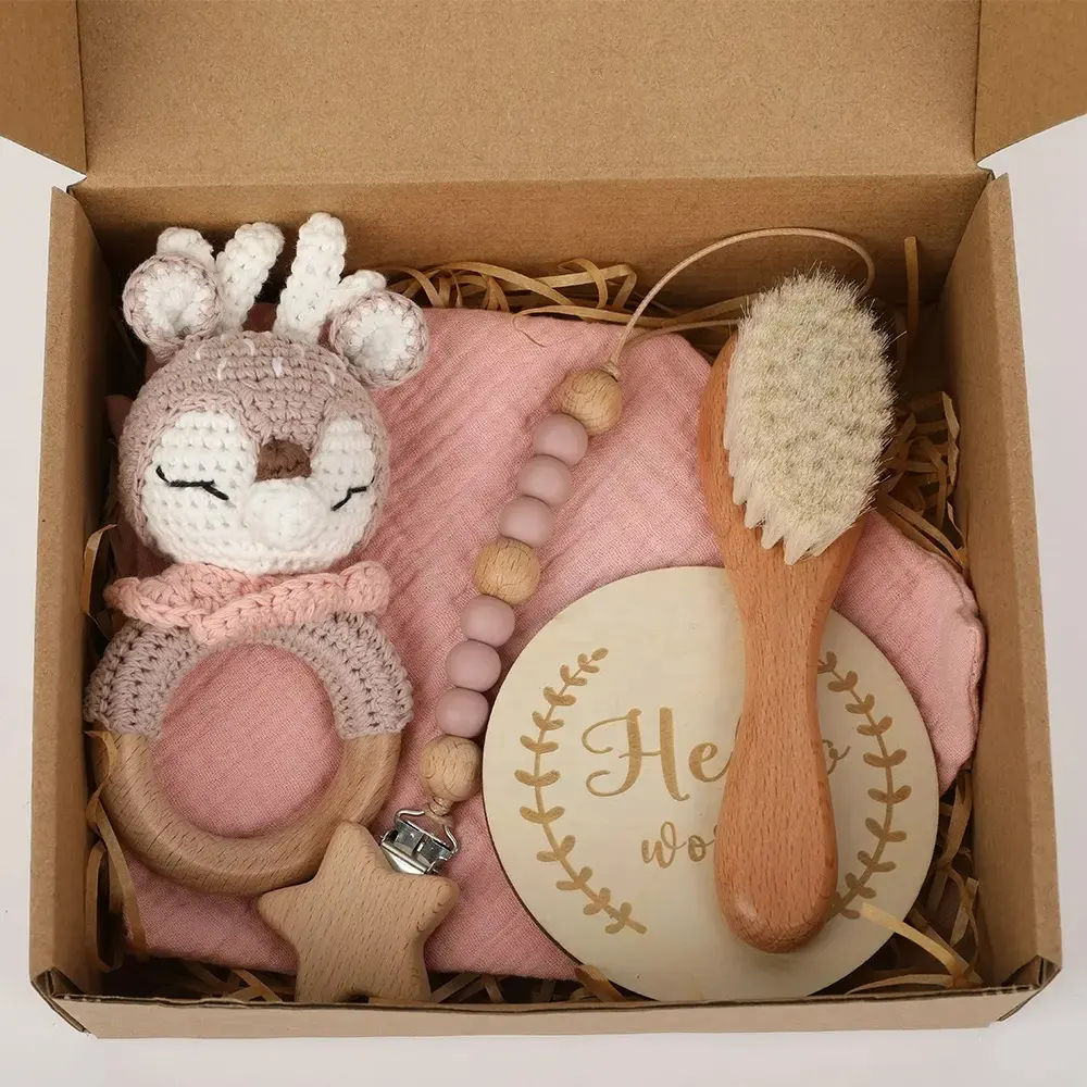 TS Pink Deer Baby Towel Newborn Wrist Shower Items Toy Set Boxes Favors Return Gift Bag Knitted Toy Rattle Set