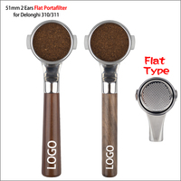 Tête de portafiltre sans fond en acier inoxydable 304, 51 mm, 2 oreilles, type plat, avec poignée en bois pour machines à expresso Delonghi 310/311