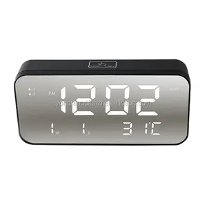 שולחן עבודה מראה פנל מוסיקה מעורר שעון דיגיטלי LED שעון לוח שנה בוקר נודניק שעון מעורר