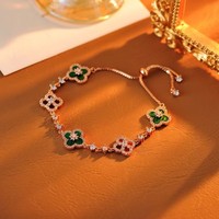 Bracelet en plaqué or rose avec coquille rose et trèfle à quatre feuilles, micro-pavé CZ, ajustable, bijou porte-bonheur en forme de fleur
