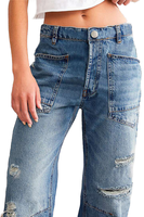 Jean baggy déchiré YUANBOFEI pour femme, coupe ample, denim délavé clair, grandes poches, jean bleu baggy de haute qualité