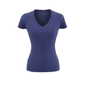 Camiseta de Punto de Manga Corta con Cuello en V para Mujer, Corte Ajustado, Estilo Sexy y Versátil - Product Image 3