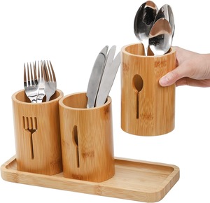 Natural Bamboo Utensil Caddy Silverware Holder Bamboo Utensil Organizer with Tray <b>Kitchen</b> Cutlery Flatware Holder Organizer - Product Image 1