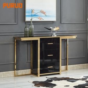 Table <span class=keywords><strong>console</strong></span> de maquillage en <span class=keywords><strong>bois</strong></span> avec ligne festonnée, peinture noire moderne, avec un long tiroir, pieds en métal doré pour le salon, écologique - Product Image 2