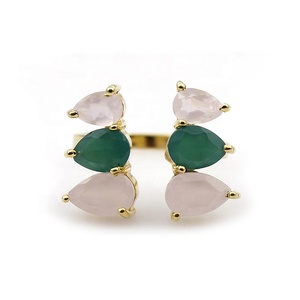 Rosa Calcedonia piedras preciosas Latón chapado en oro ajustable punta conjunto pera forma Hip Hop hecho a mano diseñador moda anillo regalo al por mayor - Product Image 5