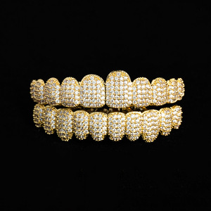 Grillz en Zirconium Pur à 10 Dents, Doré, Style Hip Hop, Unisexe, pour Usage Quotidien, Design Géométrique, Sertissage en Canal Y0160 - Product Image 4