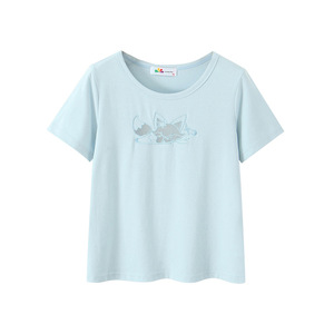T-shirt décontracté pour femme Runqi Little Fox, broderie ajourée, tricoté, bleu clair, grande taille - Product Image 1