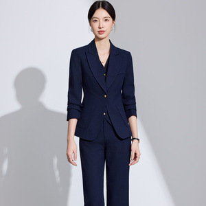 LadySElite Women's Dark Blue Suit Set Full Sleeve Polyester Worsted Anti-Wrinkle Office Lady Formal Wear Short Skirt - Product Image 3