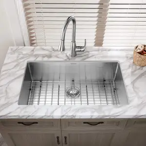Undermount Kitchen Sink Aquacubic 33 Inch 16/18 Gauge Handmade 304 Stainless Steel Single Bowl Undermount Kitchen Sink