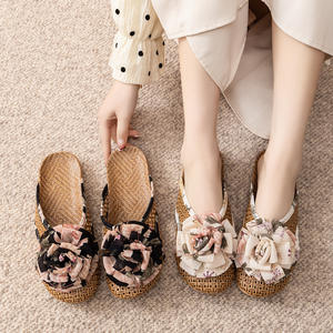 Sandalias de Ratán para Mujer, Antideslizantes, Tejidas en Bambú, con Suela de PVC, Decoración Floral, Talla Adulta, para Verano - Product Image 2