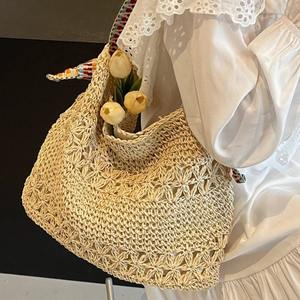 Bolso de Paja Versátil de Moda Otoñal para Mujer, Bolso de Hombro Informal para Viajar, Bolso Tejido a Crochet Hecho a Mano - Product Image 4