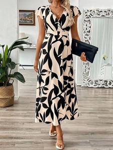 Vestido midi de verano para mujer con cuello en V, manga casquillo, estampado floral, cinturón y corte en A, estilo casual cruzado - Product Image 3