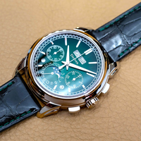 Jam Tangan Pria Sport Serbaguna Grosir Kristal Safir Tali Kulit Hijau Penunjuk Multifungsi Kalender Abadi Kronograf