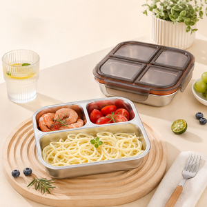3 Compartment Stainless Steel Bento <b>Lunch</b> <b>Box</b> With Plastic Lid Leakproof Food Container For Adults Modern Rectangle Design - Product Image 2