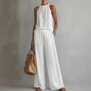 Conjunto de Dos Piezas para <span class=keywords><strong>Mujer</strong></span>, Estilo Retro Europeo y Americano, Top sin Mangas con Encaje Calado y Pantalones Anchos Cómodos - Product Image 4